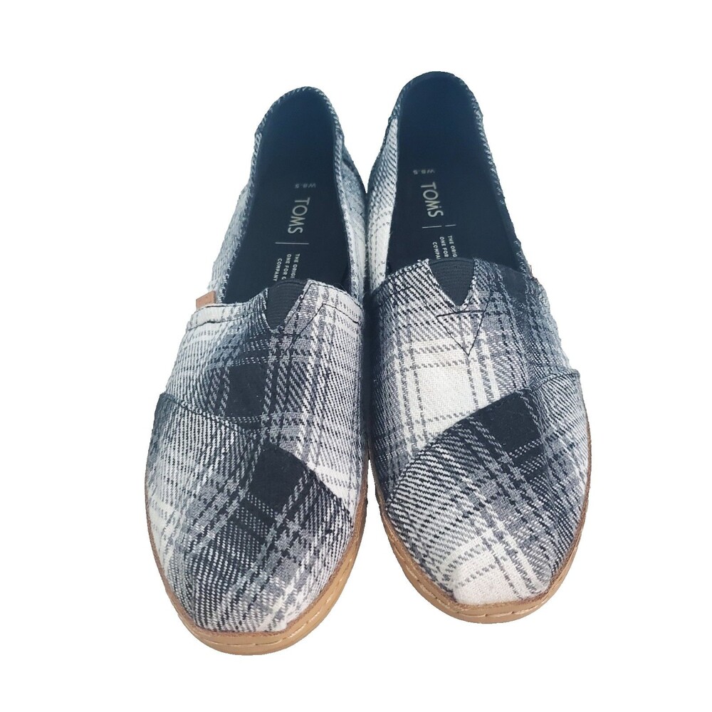 TOMS Womens 8.5 Alpargata Slip On Black White Plaid Flannel Shoes Flats Preppy